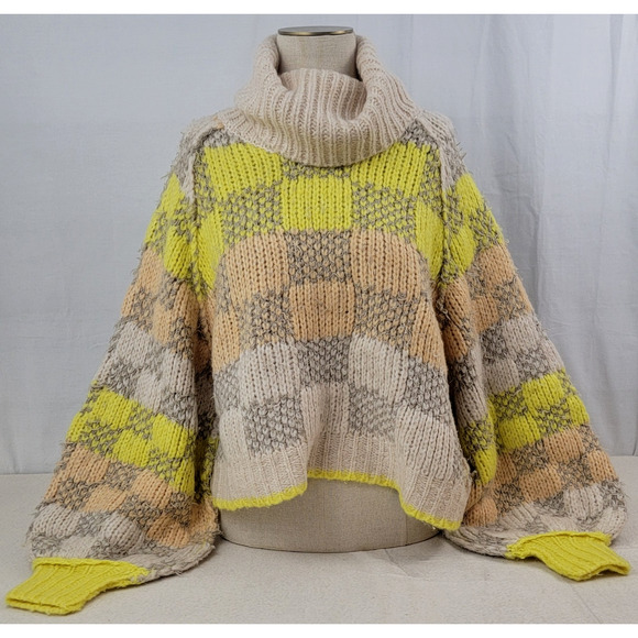 Free People Check Me Out Pullover Sweater Thick Knit Turtleneck Tan Size M - Picture 1 of 9